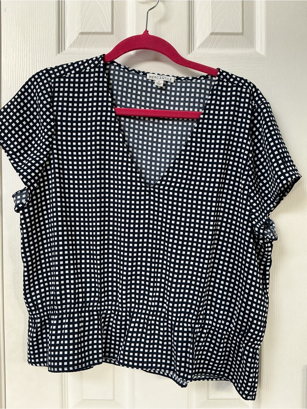 J. Crew Navy and White Square Print V-Neck Short Sleeve Blouse